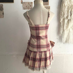 Beige Coquette Plaid Pleated Mini Dress