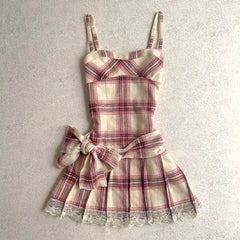 Beige Coquette Plaid Pleated Mini Dress