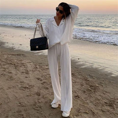 Casual Loose Pleated Collared Shirt And Wide Leg Trousers Loungewear Set