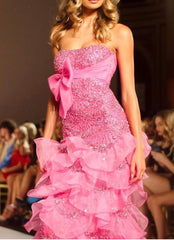 Pink Bow Ruffles Strapless Maxi Dress