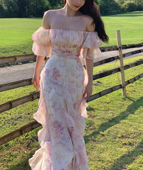 Pink Chiffon Off Shoulder Floral Puff Sleeves Maxi Dress