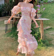 Pink Chiffon Off Shoulder Floral Puff Sleeves Maxi Dress