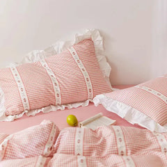 Pink Gingham Ruffle Duvet Cover Set