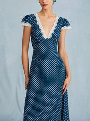Polka Dot Lace Trim V-Neck Dress