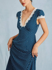 Polka Dot Lace Trim V-Neck Dress