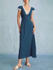 Polka Dot Lace Trim V-Neck Dress