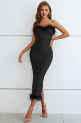 Sachi Strapless Feather Midi Evening Dress