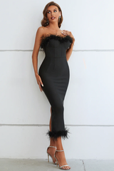 Sachi Strapless Feather Midi Evening Dress