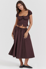 Kitty Rich Brown Gathered Top + Skirt Set