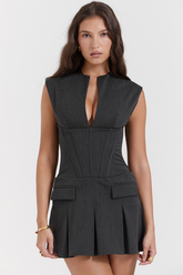 Charcoal Gray Pleated Belted Dress