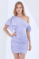 One Shoulder Asymmetric Check Dress