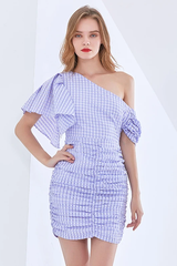 One Shoulder Asymmetric Check Dress