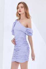 One Shoulder Asymmetric Check Dress