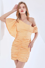 One Shoulder Asymmetric Check Dress