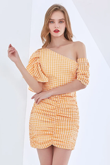 One Shoulder Asymmetric Check Dress