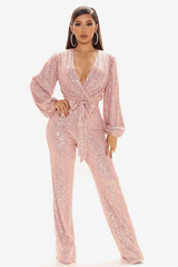 Megan Belted V-Neck Sequins Jumpsuit