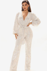Megan Belted V-Neck Sequins Jumpsuit