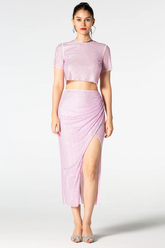 Pink Rhinestone Wrap Midi Skirt Set
