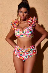 3D Floral Print Swimsuit & Skirt Set