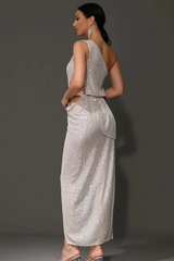 One Shoulder Sequins Cut Out Split Maxi Dress