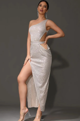 One Shoulder Sequins Cut Out Split Maxi Dress