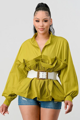 Athina Pleated Ruffle Waist Belt Blouse