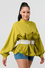 Athina Pleated Ruffle Waist Belt Blouse