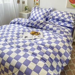 King Size Bedding Set with Quilt Cover Flat Sheet Pillowcase Kids Girls Boys Checkerboard Pinted Single Double Bed Linen