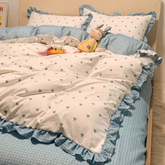 Korean Princess Style Bedding Set Soft Skin-friendly Lace Ruffles Quilt Cover Blue Heart Printed Duvet Covers Pillowcases Sheet