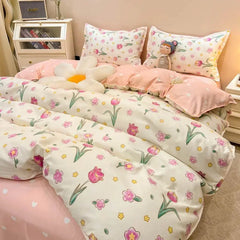 Tulips Duvet Cover Set with Flat Sheet Pillowcases Fashion Twin Double Queen Size Bed Linen Soft Boys Girls Bedding Kit