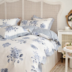 Floral Blossom Print Duvet Cover Blue White Botanical 100%Cotton Comfy 4Pcs Double Queen King Bedding Set Bed sheet Pillowcases