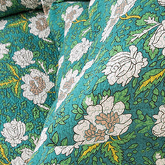 Double Bed Cotton Green White Flowers 3pcs Printed Quilted Quilt Pillowcase Free Shipping