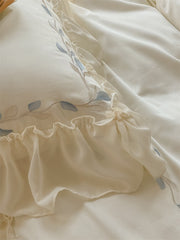 Blue Flowers Embroidery Princess 4Pcs Bedding Set 1000TC Egyptian Cotton Lace Edge Quilt Duvet Cover Set Bed Linen Pillow Shams