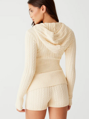 Beige Two-Piece Knit Sweatsuit Shorts Set