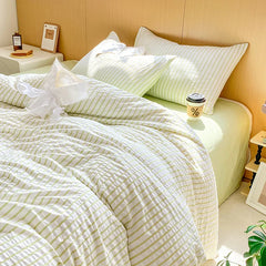 Green Striped Duvet Cover Pillowcase and Solid Color Sheet INS Bedding Set Adult Girls Bedclothes Washed Cotton Bed Linens