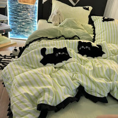 Korean Style Bedding Set Green Strip Black Cat Embroidery Washed Cotton Duvet Cover Cute Cardboard Bed linen Comforter Sets