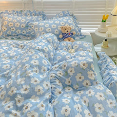 Pastoral Girls Bedding Sets Soft Washed Cotton Bed Linens Princess Quilt Cover Sheet Simple White Flower Bedspread Home Textiles