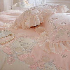 French Romantic Bedding Set Luxury Flower Embroidery Princess Pink Ruffle Milk Velvet Quilt Duvet Cover Bed Sheet Set Bedclothes