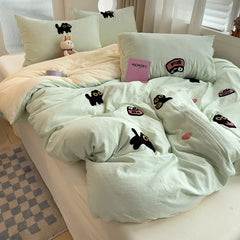 Bedding Set Super Soft Washed Cotton Towel Embroidery Duvet Cover Four Piece Set - Lucky Cat Series