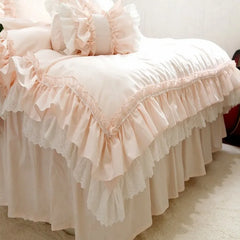Super Sweet Solid Color Bedding Sets Luxury Princess Wedding Pink Lace Ruffle Cotton Duvet Cover Bedspread Bed Skirt Pillowcases