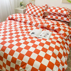 King Size Bedding Set with Quilt Cover Flat Sheet Pillowcase Kids Girls Boys Checkerboard Pinted Single Double Bed Linen