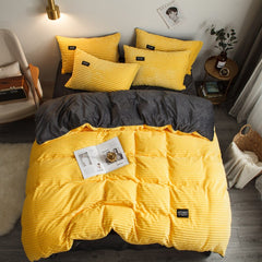 4pcs Winter Warm Flannel Thickening Plus Velvet Bedroom Bedding Set Sheet Quilt Cover Pillowcase Anti-static Home Textile