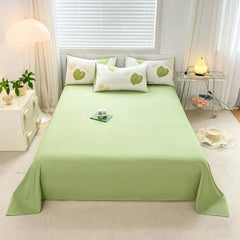 Sweet Green Heart-Shaped Princess Girls Duvet Covers Simple Quilt Cover Bed Flat Sheet Pillowcase Washed Cotton Bed Linens