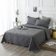 100% Cotton Grey Flowers 3pcs Embroidered Quilted Quilt Pillowcase Free Shipping
