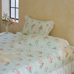 Elegant Vintage Floral Lovely White Lace and Ruffle Chic 100%Cotton Girls Duvet cover set Soft Quilted Bedspread 2Pillowcases