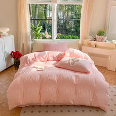 Korean Princess Seersucker Bedding Set Duvet Cover Flat Sheets Pillowcase Bed Sheet Set Soft Comforter Cover Bed Linens Set
