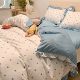 Korean Princess Style Bedding Set Soft Skin-friendly Lace Ruffles Quilt Cover Blue Heart Printed Duvet Covers Pillowcases Sheet