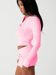Pink Two-Piece Knit Sweatsuit Shorts Set