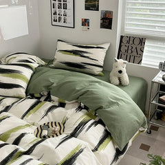 Ins Stripe Bedding Set Green Black Duvet Cover with Pillowcase Simple Quilt Cover Adults Single Double Full Size