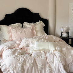 Princess Style 3D Flower Bedding Set 100 Thread Count Autumn and Winter Cotton Duvet Cover Solid White Quilt Covers with Ruffles
